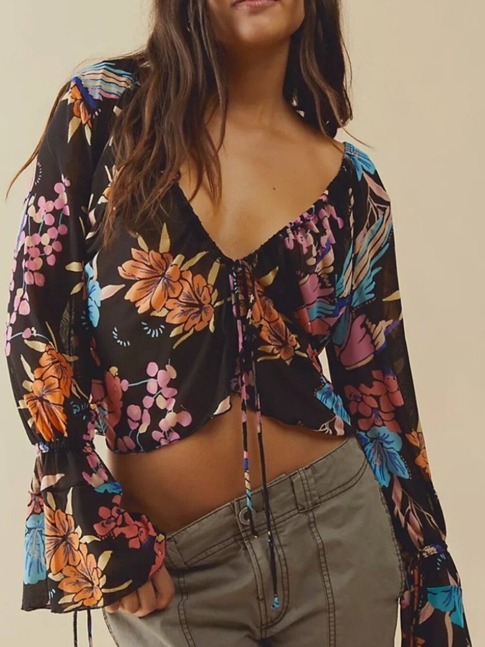 Free‎ People Of Paradise Floral Mesh Long Sleeve Top Size Small